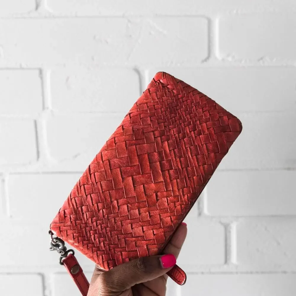 Vilenca Holland Wallet Red Leather Woven Soft Pocket Slots Basketweave Organizer